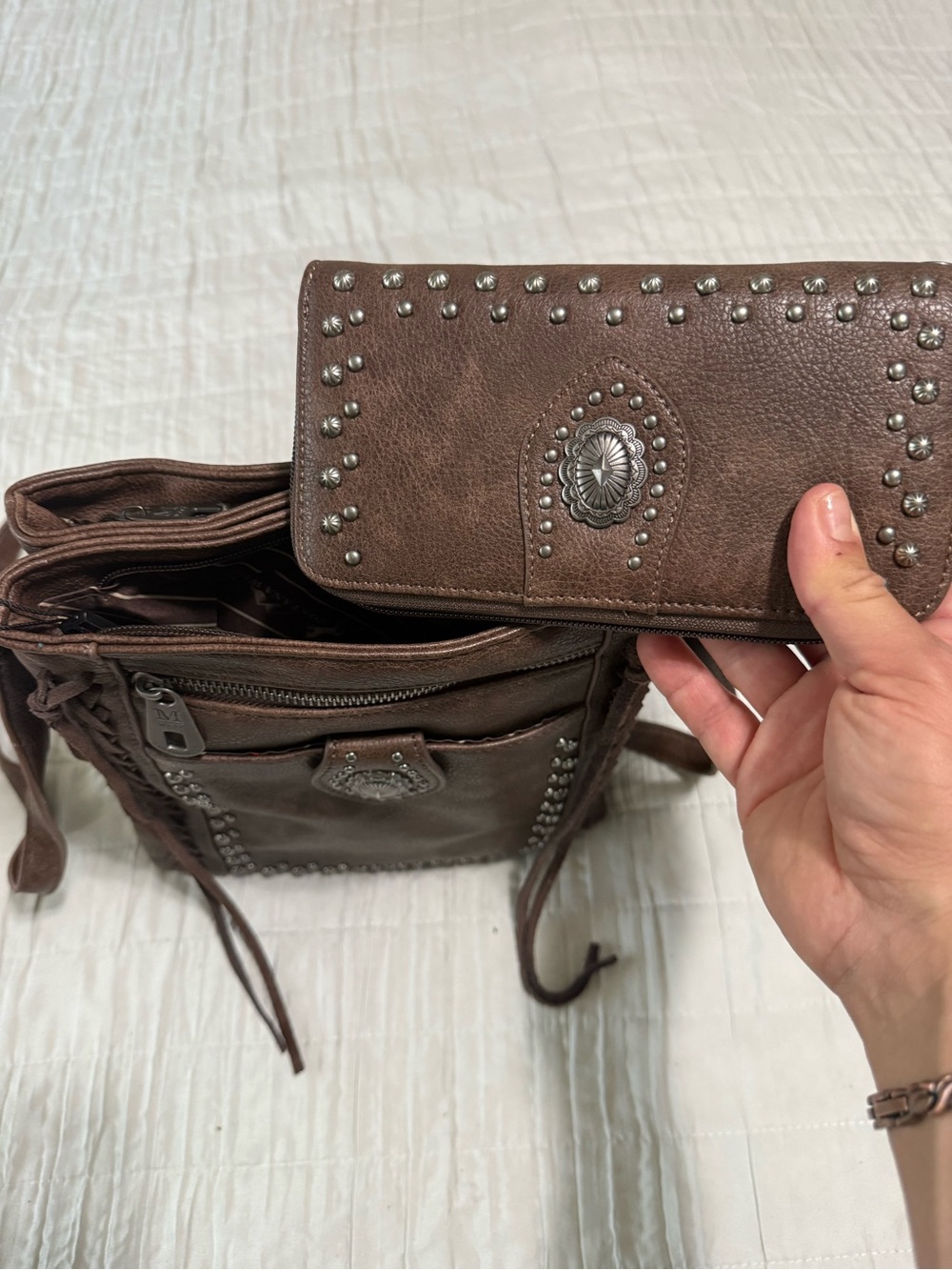 Montana West Brown Studded Braided Crossbody Conceal Carry Bag - Picture 4 of 7